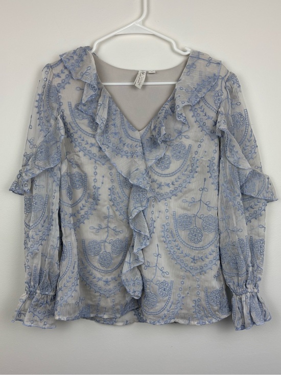 Cato Tops - Fairycore Light Blue Ruffle V-Neck Embroidered Blouse Small Like New Dainty Whim
